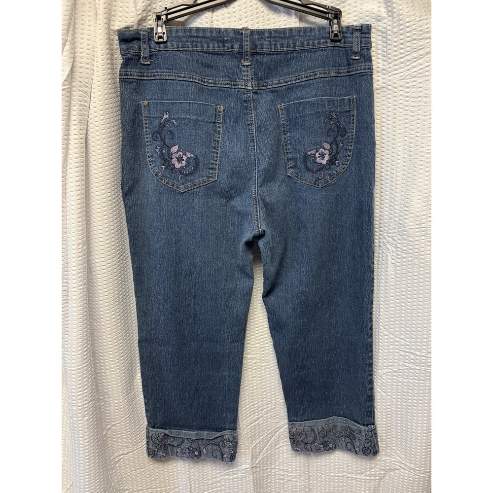 COS Jeans Womens SZ 12 Embroidered Wide Leg Rolled Cuff Capris Dark Wash Stretch